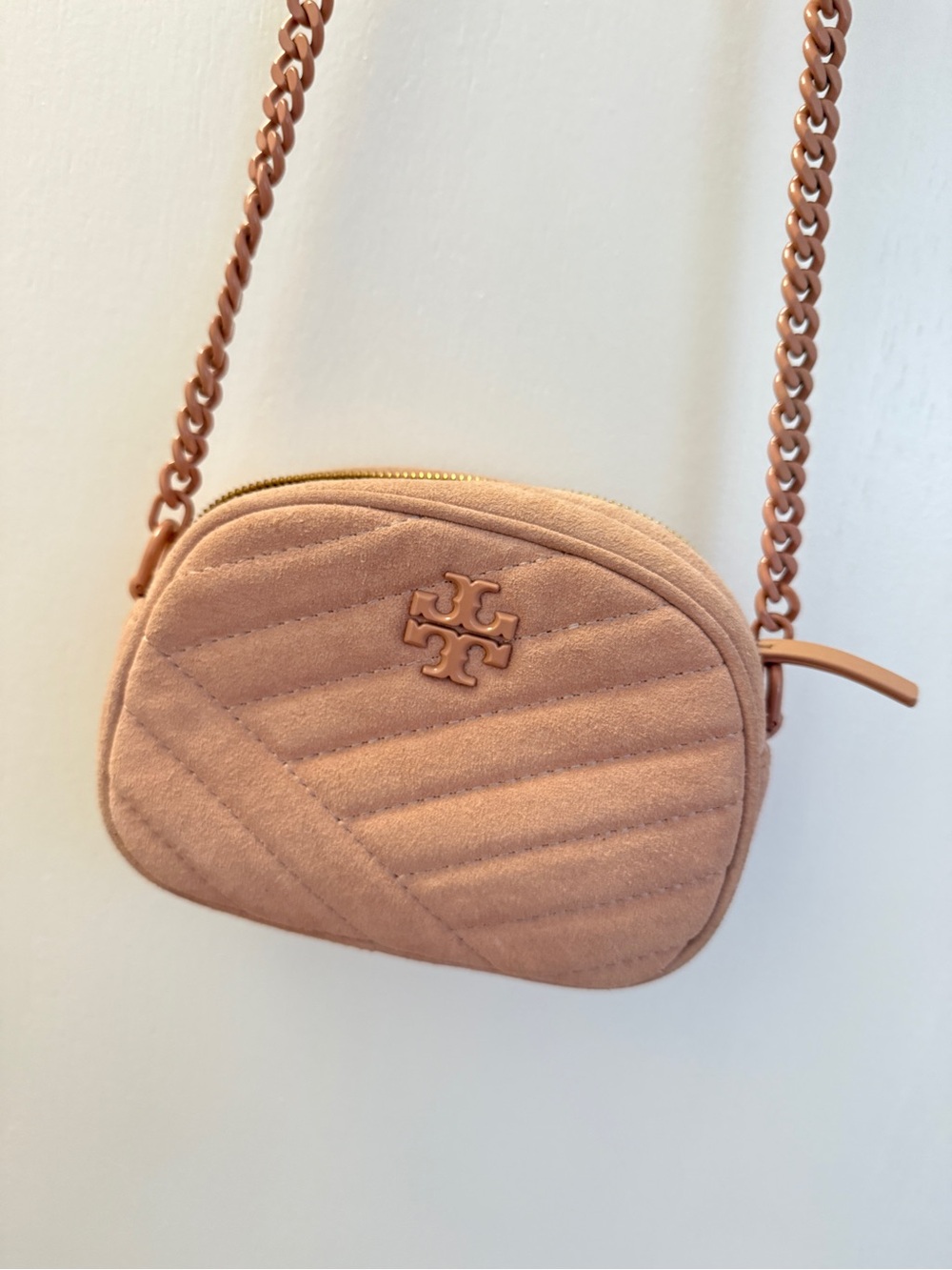 Tory Burch Quilted Suede Crossbody in Blush Pink